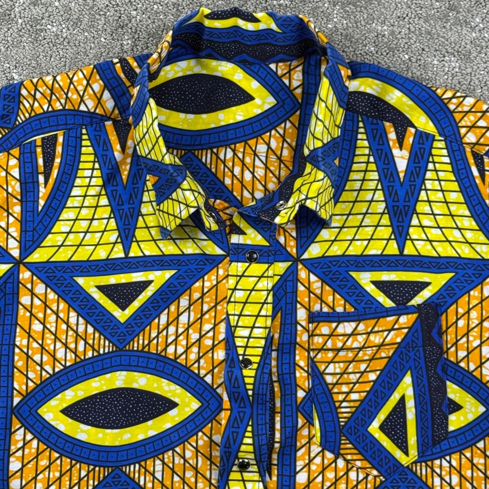 African Print Shirt Geometric Wax Snap Front Long Sleeve Blue Yellow Orange